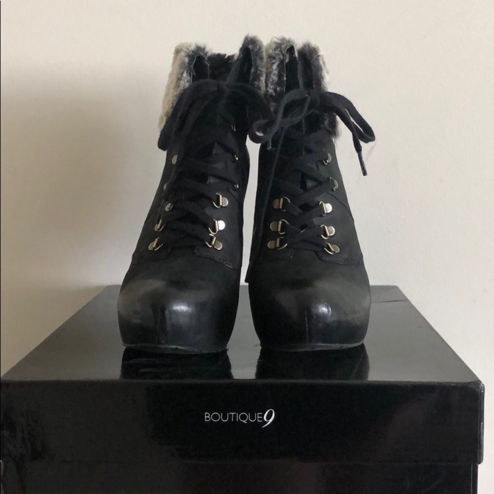 Boutique 9 Black Daphne Wedge Boot Fur Trim